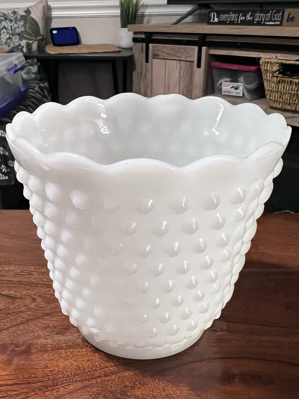 Vintage Fire-King Style Milk Glass Hobnail Planter Vase Scalloped Rim 6”